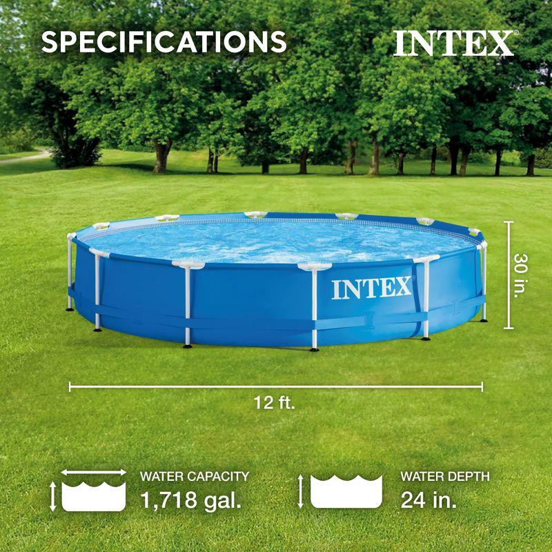 Intex 12 Foot x 30 Inch Round Metal Frame Above Ground Outdoor Swimming Pool Set with Filter Pump and Easy Set Round Vinyl Pool Cover, Blue