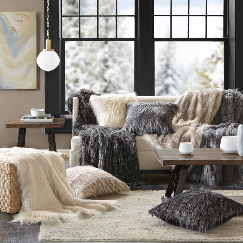 Madison Park 20"x20" Oversize Adelaide Faux Fur Square Throw Pillow Black: Luxury Texture, Mink Reverse, Zipper Closure
