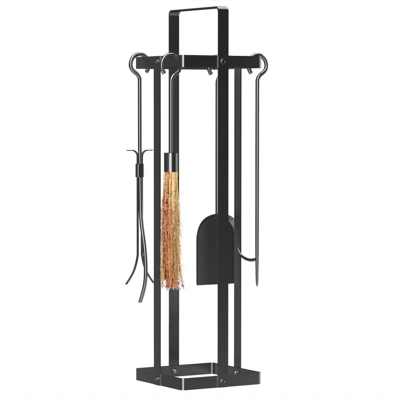 Outsunny 5 Piece Fireplace Tools Set, Metal Fireplace Accessories Set with Brush, Poker, Shovel, Tongs and Stand for Indoor or Outdoor Chimney, Black