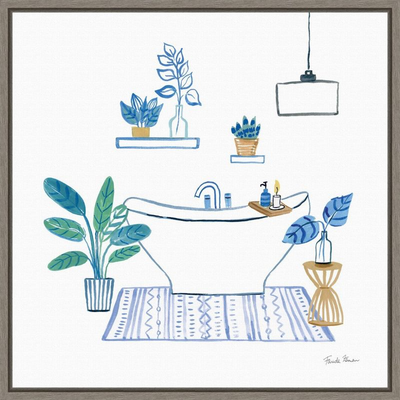 16"x16" Relax II by Farida Zaman Framed Canvas Wall Art - Amanti Art: Boho Bathroom Decor, Bathtub & Plant Motifs