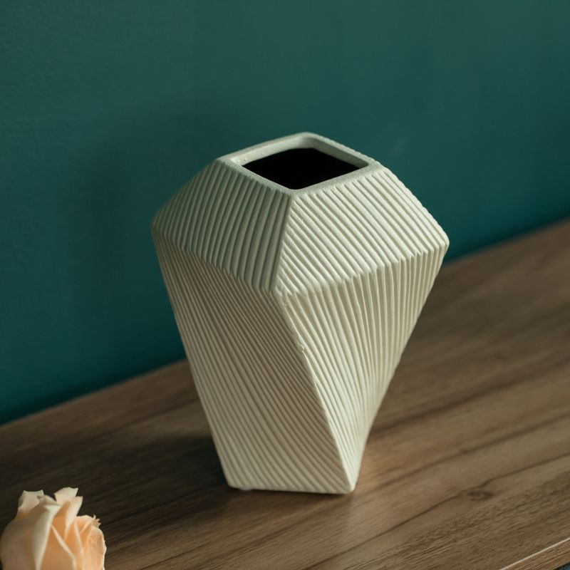Uniquewise 7" H Decorative Ceramic Square Twisted Centerpiece Table Vase Beige, Small