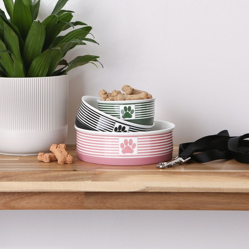 Bone Dry Pet Bowl - Paw Patch Stripe Hunter Green - Large 7.5Dx2.4H Set/2