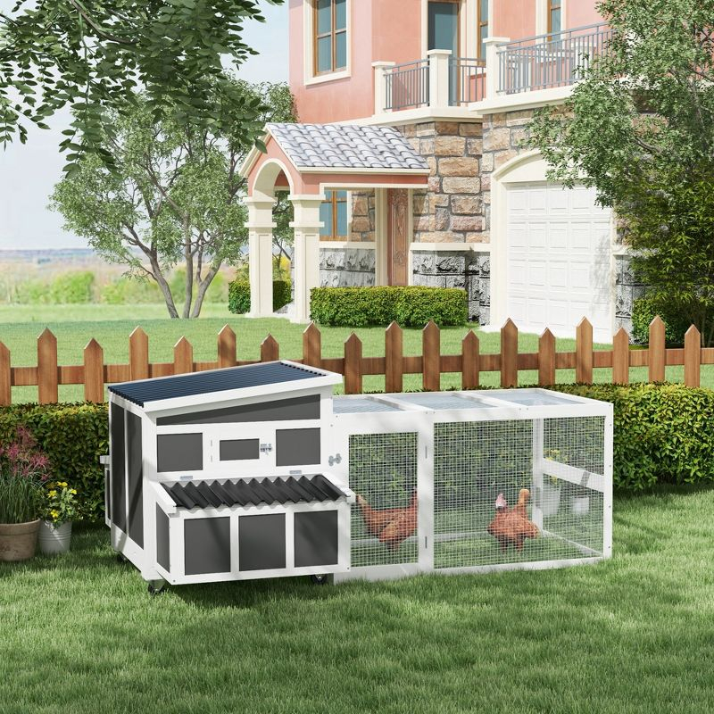 PawHut Wooden Chicken Coop with Nesting Box, Outdoor Poultry Cage Rabbit Hutch with Run for 6 Chickens, Ducks, Hens, Small Animals, Dark Gray