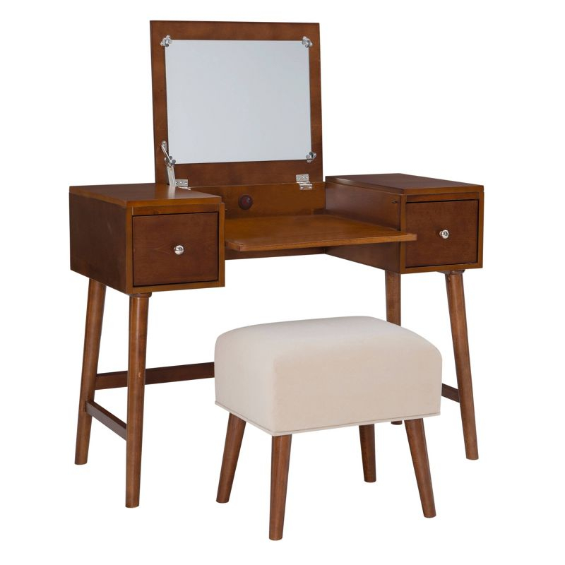 Viola Mid-Century Modern Flip-up Mirror 2 Drawer Vanity and Upholstered Stool Brown - Linon: Rubberwood, MDF, Lift-Top Storage