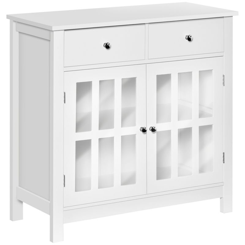 HOMCOM Sideboard Buffet Cabinet, Storage Cupboard with Glass Doors, Adjustable Shelf and 2 Drawers for Kitchen, White