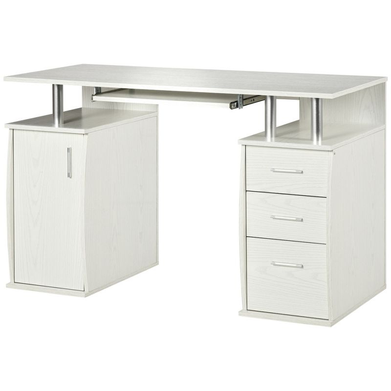 HOMCOM 47" Computer Desk with Keyboard Tray and Storage Drawers, Home Office Workstation Table with Storage Shelves, White