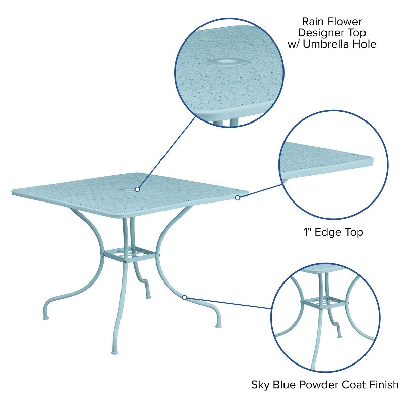 Flash Furniture Oia Commercial Grade 35.5" Square Sky Blue Indoor-Outdoor Steel Patio Table with Umbrella Hole