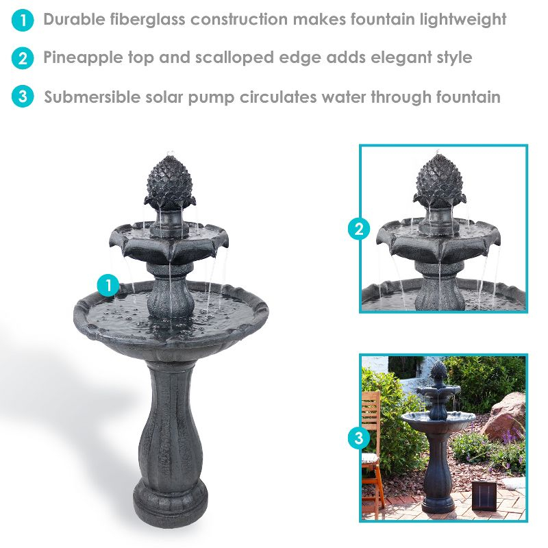 Sunnydaze Outdoor 2-Tier Solar Powered Pineapple Top Water Fountain with Battery Backup and Submersible Pump - 46" - Black