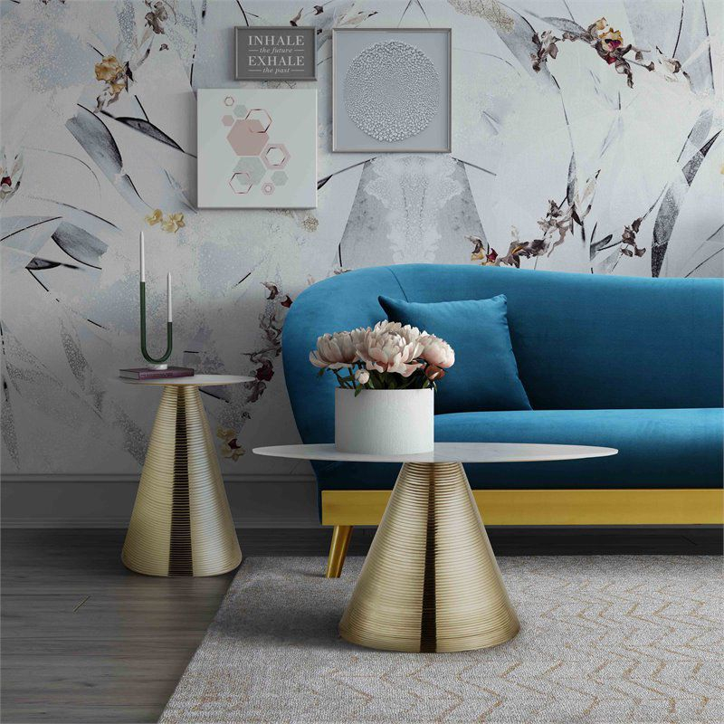 TOV Furniture Tempo 20"H Transitional Marble Aluminum Side Table in White/Gold