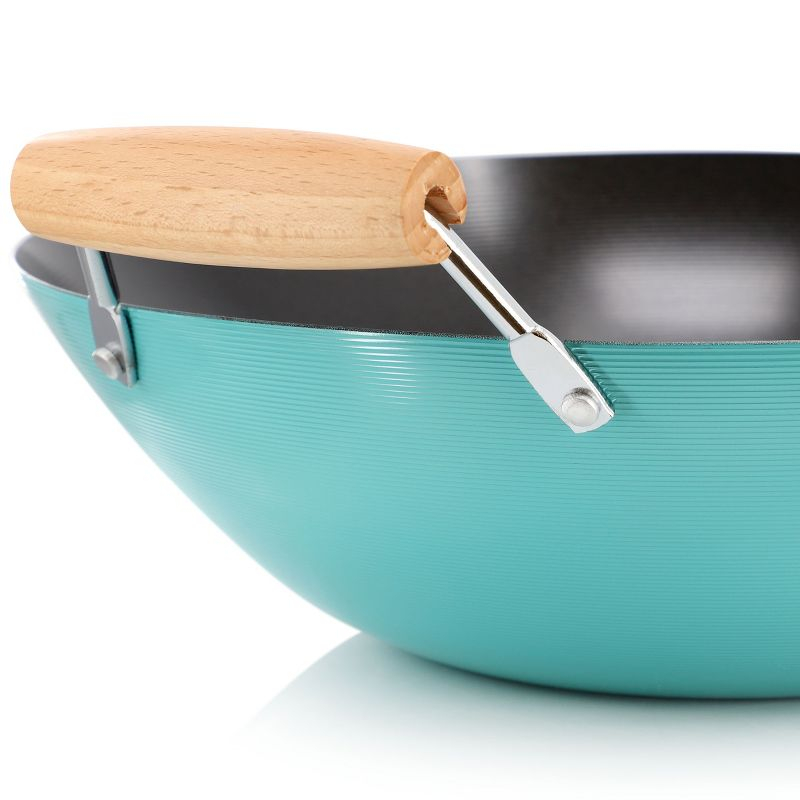 Martha Stewart Everyday Clarkston 14 Inch Nonstick Carbon Steel Wok with Wooden Handle in Teal