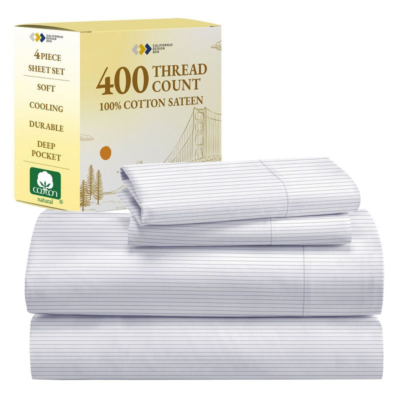 400 Thread Count 100% Cotton Printed PINSTRIPE Light Grey 4 Piece Sheet Set - Full - California Design Den