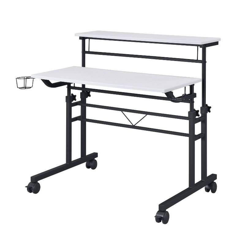 Rolling Writing Desk with Height Adjustable Desktop and Moveable Shelf White - Techni Mobili: Locking Casters, Open Storage