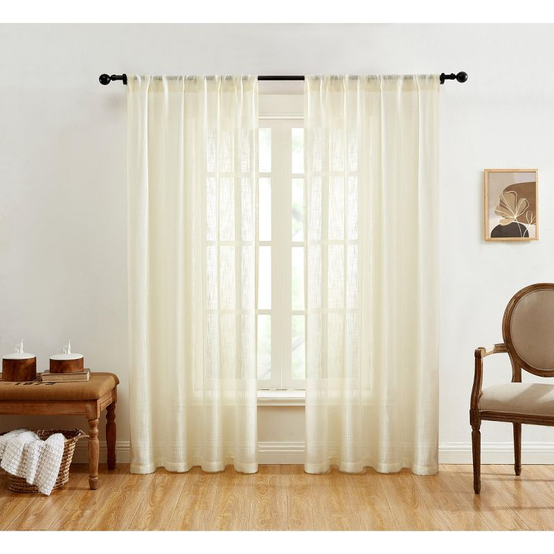 HLC.ME Linda Faux Linen Textured Semi Sheer Privacy Sun Light Filtering Window Rod Pocket Thick Curtains Panels, Set of 2 - Ivory, 54 W x 84 L