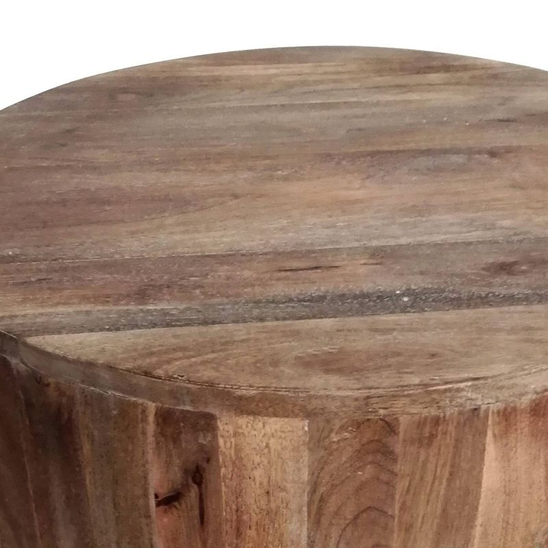 The Urban Port Hand Carved Cylindrical Shape Round Mango Wood Distressed Wooden Side End Table Brown: No Assembly, Polished Finish