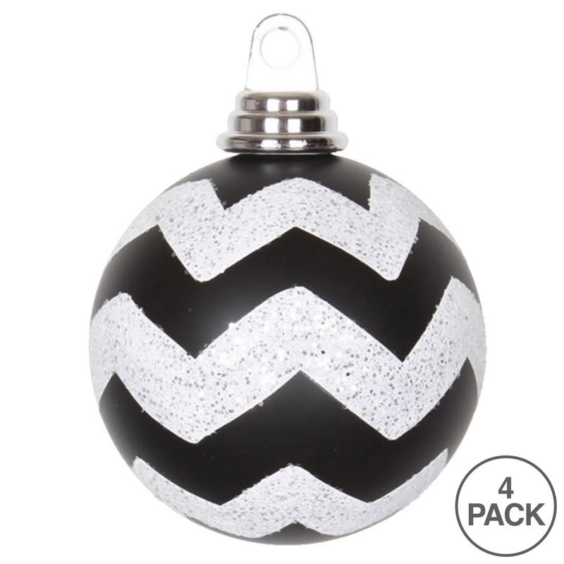 Vickerman 4" Black and White Matte Chevron Ball Christmas Ornament with Glitter Accents, 4 per Box