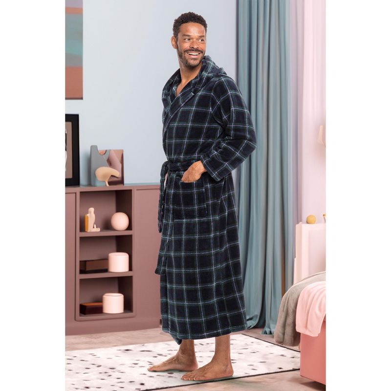 ADR Mens Robe, Plush Fleece Hooded Bathrobe Men, Men's Bathrobes, Big and Tall Bath Robe for Men Blue and Green Tartan Plaid 2XL