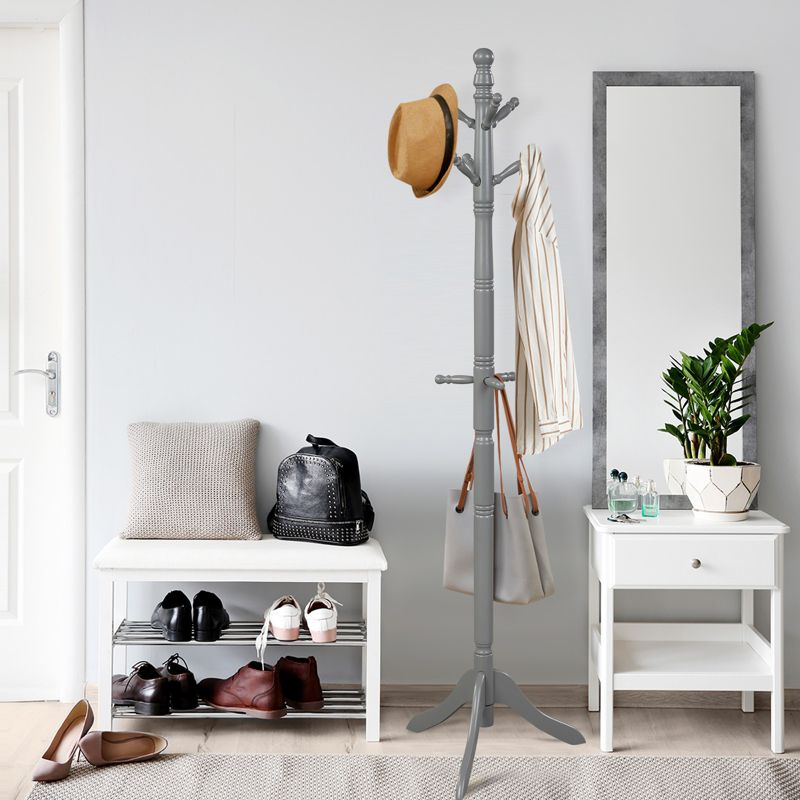 Tangkula Free Standing Coat Rack Solid Wood Hall Tree w/9 Hooks & 2 Adjustable Height Grey