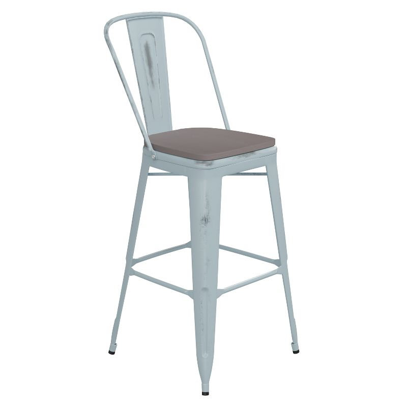 Flash Furniture Carly Commercial Grade 30" High Green-Blue Metal Indoor-Outdoor Barstool with Back with Gray Poly Resin Wood Seat