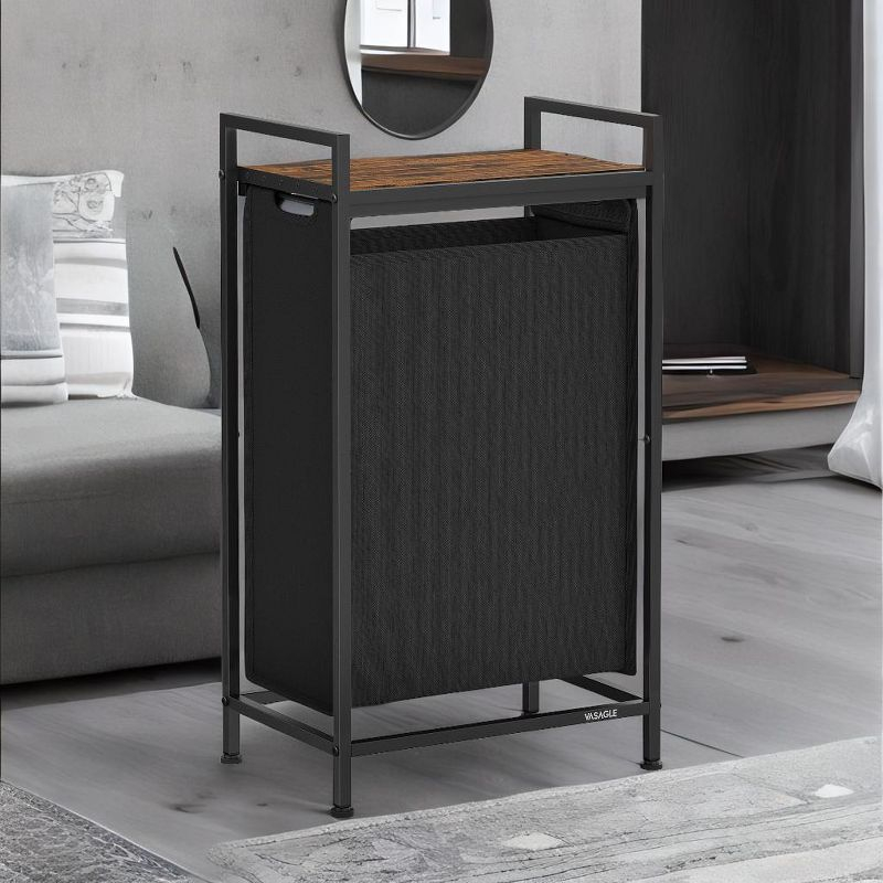 Stylish Laundry Hamper, Basket, Sorter with Pull£¬Out Bag, Shelf, Metal Frame , 12.7 Gallons (47 L), 16.5 x 11 x 29.5 Inches, Ink Black/Rustic Brown,