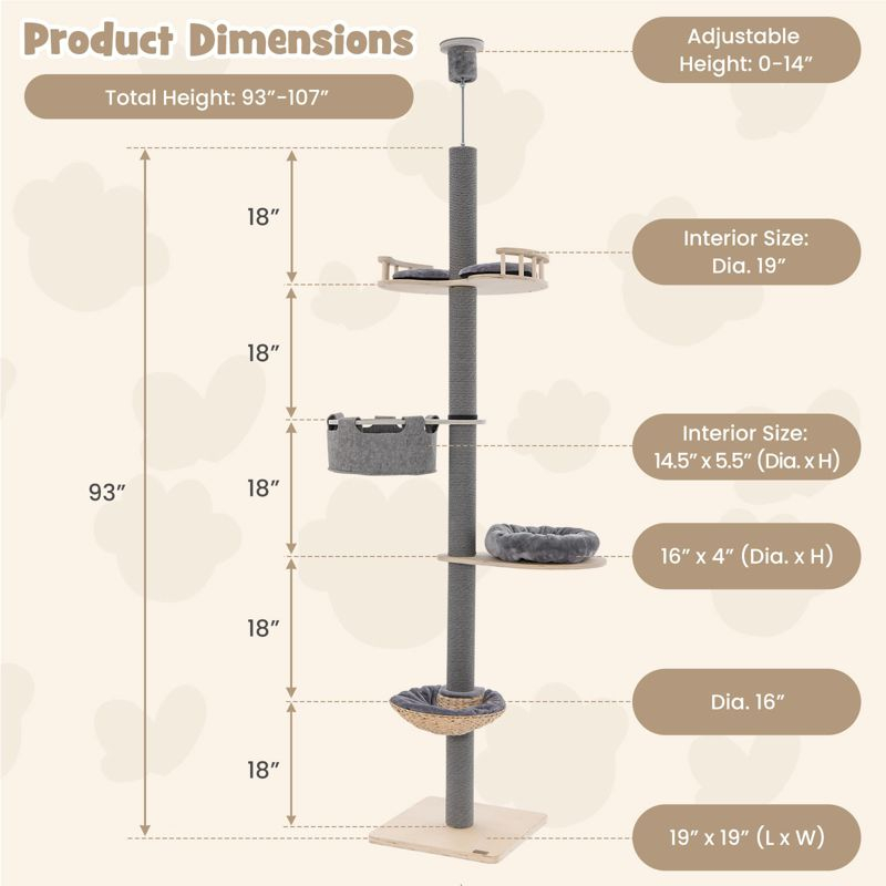 Costway 5-Tier Floor to Ceiling Cat Tree w/93"-107" Adjustable Height Cozy Hammock & Bed