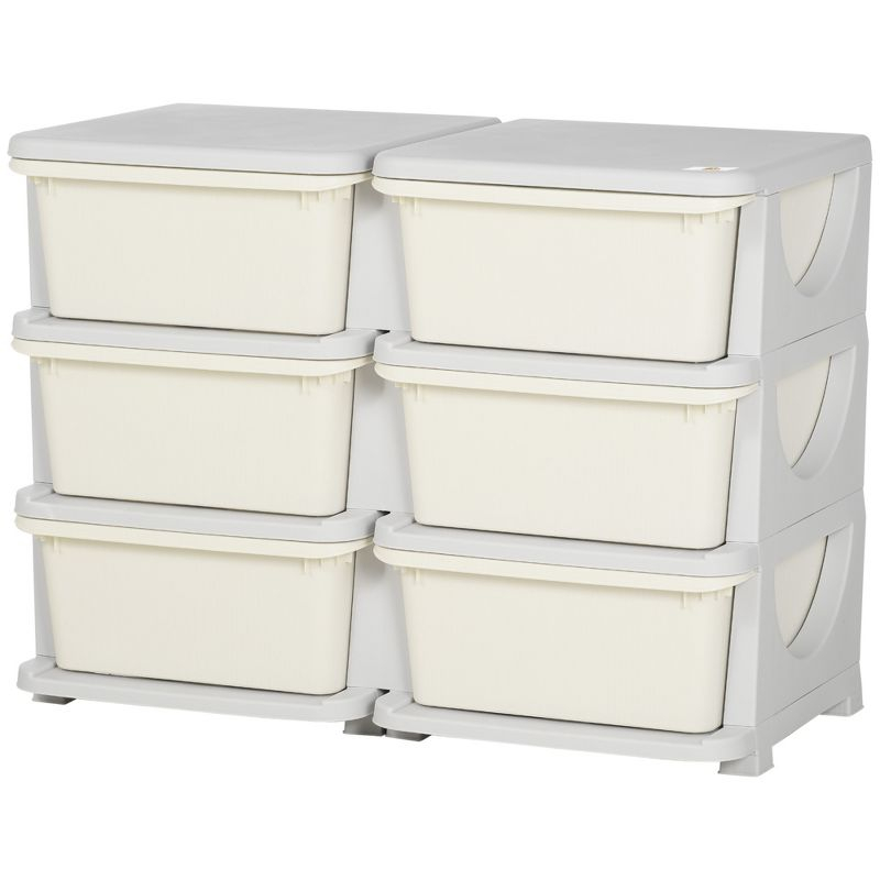 Qaba 3 Tier Kids Storage Unit w/ 6 Drawers Chest Toy Organizer Plastic Bins for Kids Bedroom Nursery Living Room for Boys Girls Toddlers, Cream
