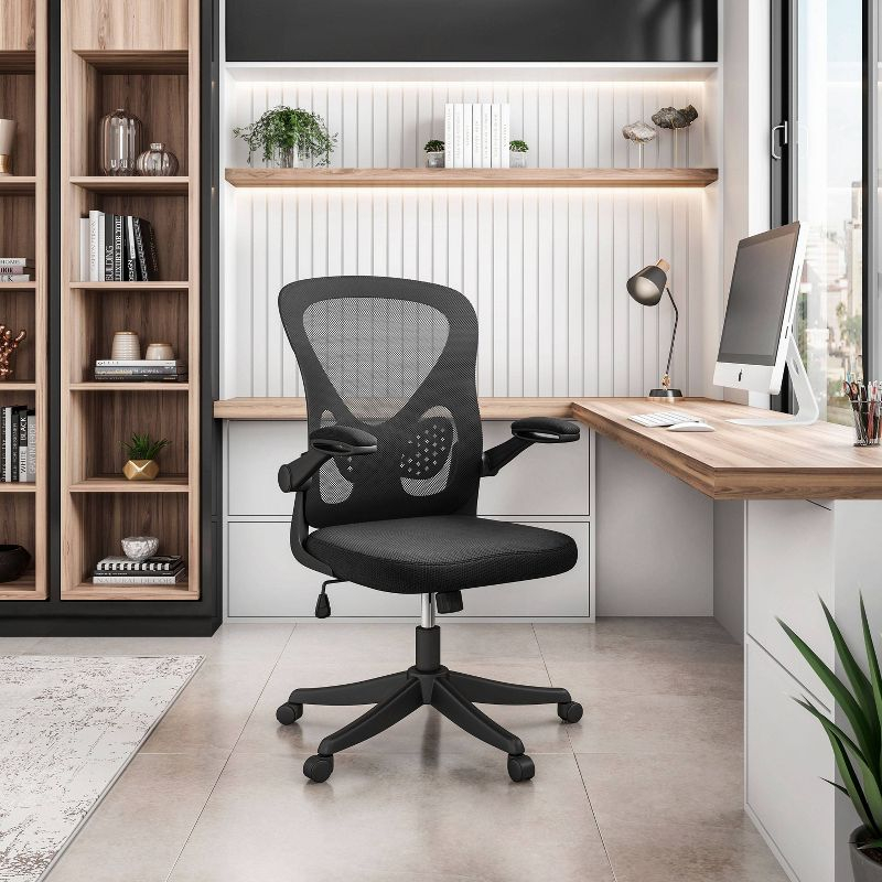 Techni Mobili Mesh Task Office Chair with Flip Up Arms Black - Techni Mobili: Ergonomic, Adjustable, Swivel, Nylon Frame