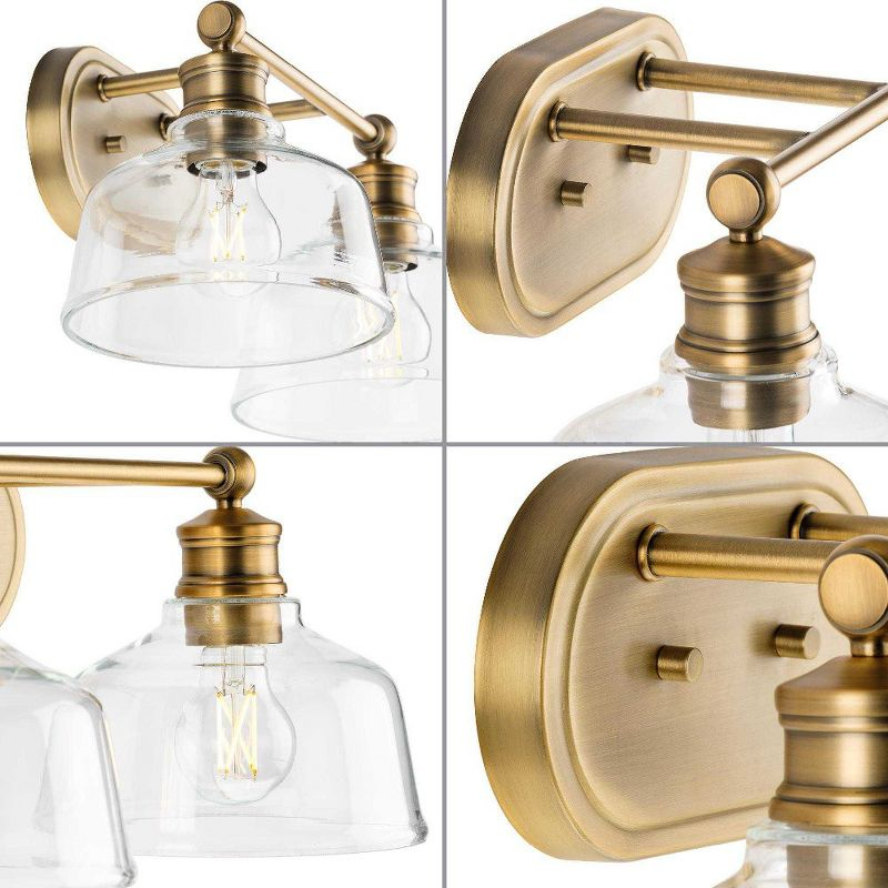 Progress Lighting Singleton 2-Light Vanity Fixture, Vintage Brass, Clear Glass Shades
