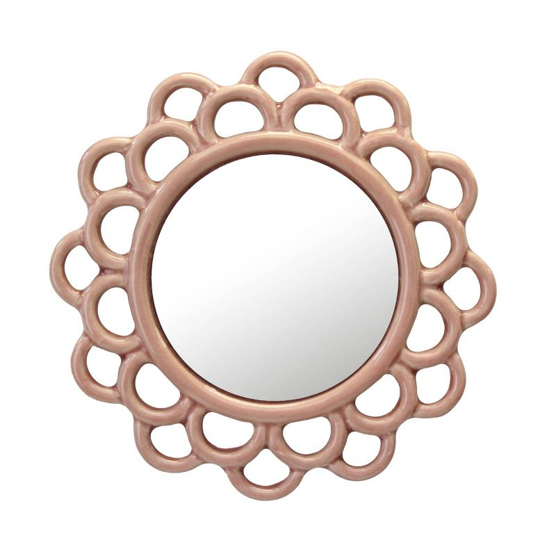 9" Decorative Round Floral Ceramic Wall Hanging Mirror Pink - Stonebriar Collection: Elegant Scalloped Edge, Keyhole Hanger