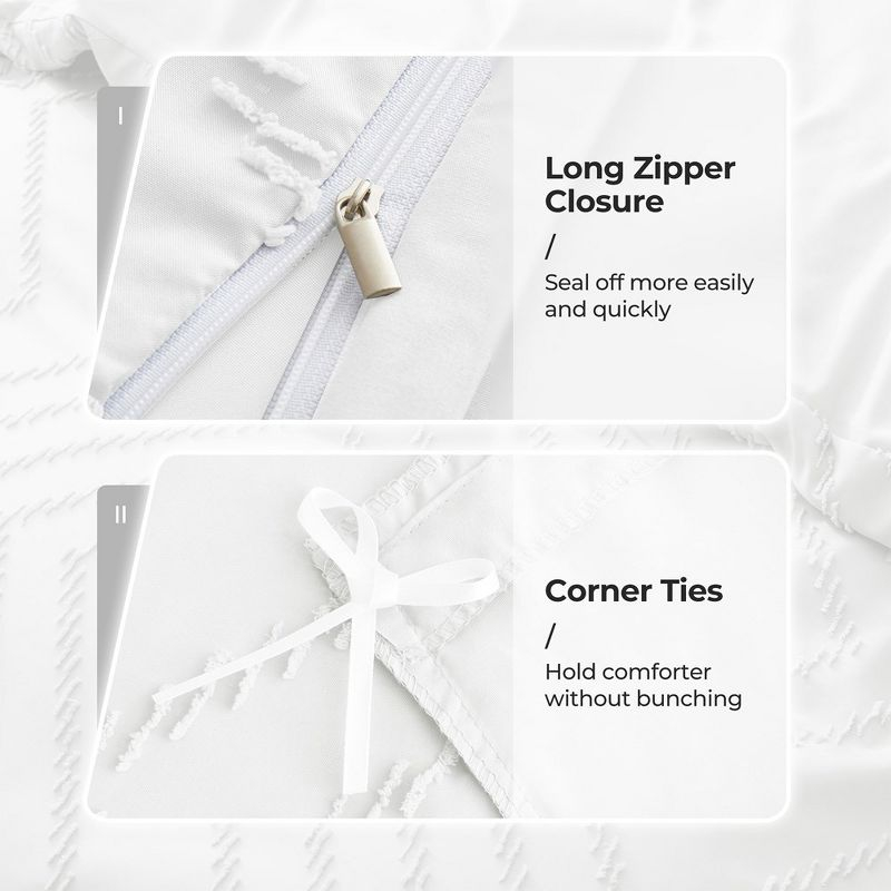 Peace Nest Tufted Clipped Jacquard Geometric Duvet Cover & Pillowcase Set, Wave White, Full/Queen, 90"x90"