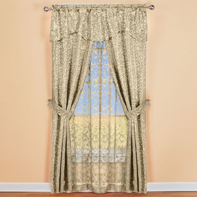 Collections Etc Insulated Scrolling Design Sheer Window Curtain Set with Tie Backs 54" x 84" Taupe