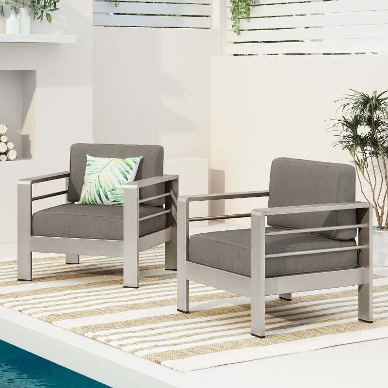 GDFStudio Crested Bay Outdoor Aluminum Club Chairs with Water-Resistant Cushions (Set of 2), Khaki/Silver