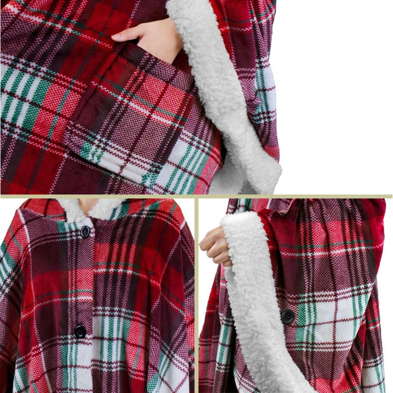 PAVILIA Angel Wrap Hooded Blanket for Women Adult, Wearable Cozy Wrap Throw Fleece Shawl Cape, Tartan Plaid/Faux Shearling