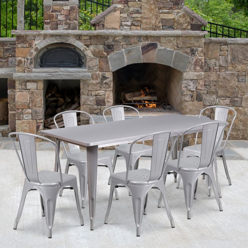 Flash Furniture Commercial Grade 31.5" x 63" Rectangular Silver Metal Indoor-Outdoor Table Set with 6 Stack Chairs