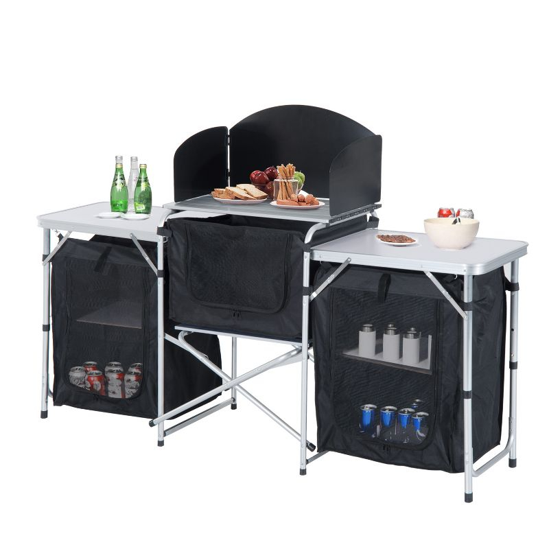 DOMETOUR Outsunny Aluminum Portable Camping Kitchen Table with Windscreen & 3 Cupboards for BBQ, Party, Picnics, Backyards