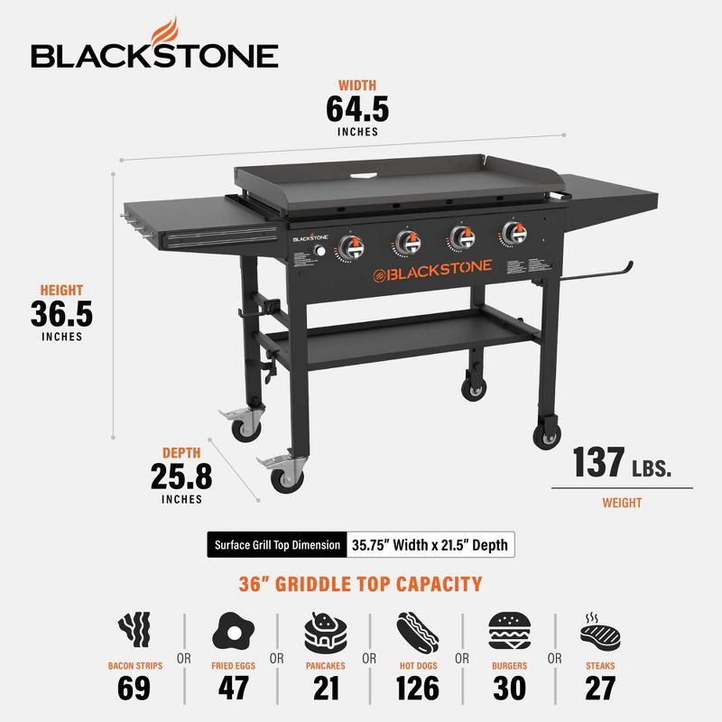 Blackstone Portable Outdoor Gas Griddle 4 Burner Propane Flat Top Grill, BBQ Cooking Station for Camping and Backyard, 36 Inch Cooking Surface, Black