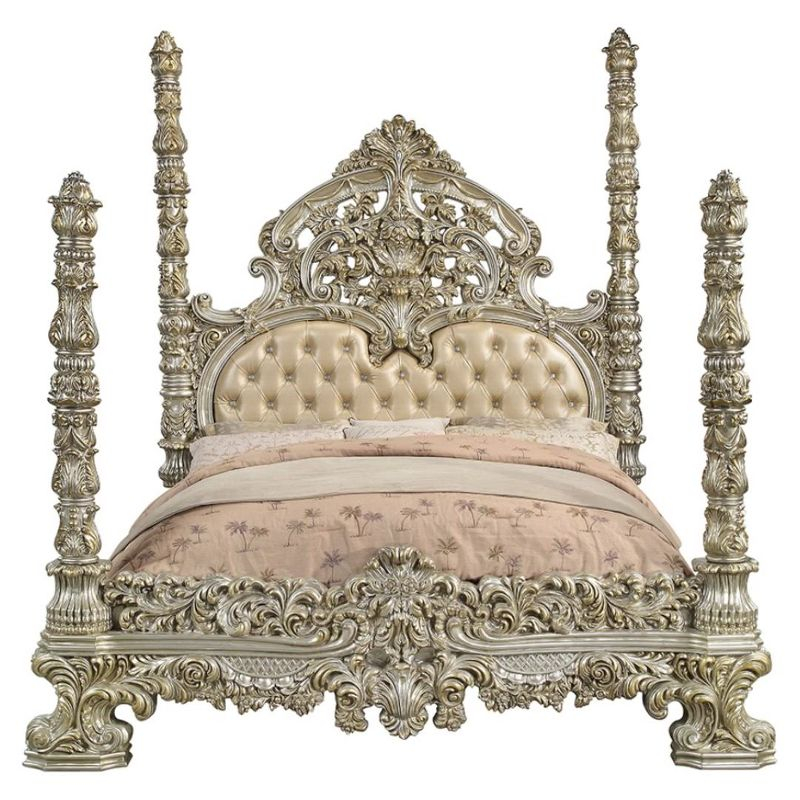96" Eastern King Bed Danae Bed Synthetic Leather, Champagne and Gold Finish - Acme Furniture: Tufted, Camelback Headboard, Faux Leather