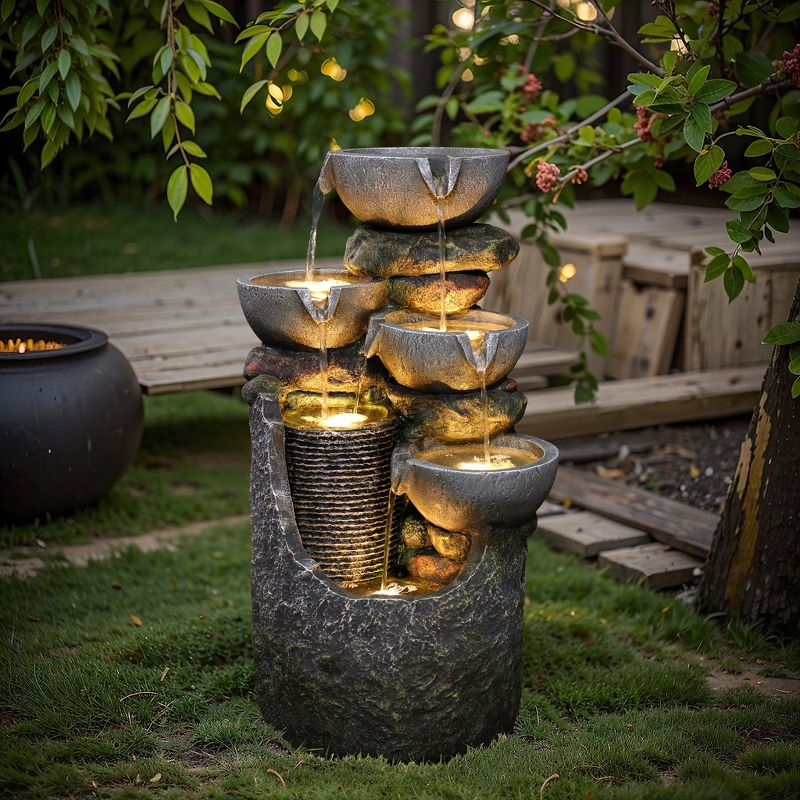 LuxenHome 25" Small Water Fountain Outdoor, Cascading Bowl Garden Water Features with LED Lights Gray
