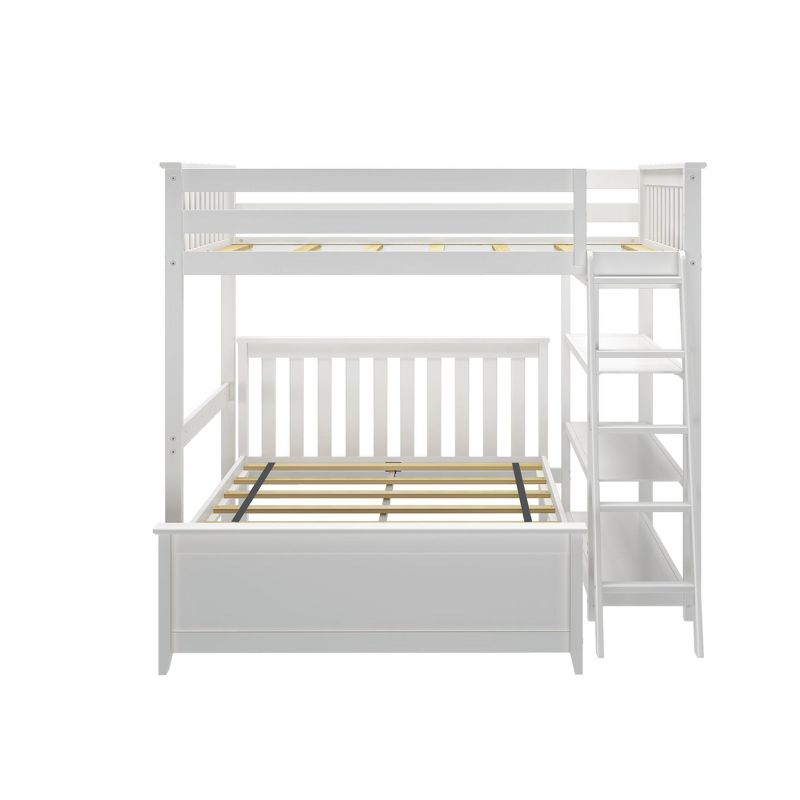 Plank+Beam Solid Wood Bunk Bed, L Shaped Full-Over-Full Bed Frame with Bookcase, White