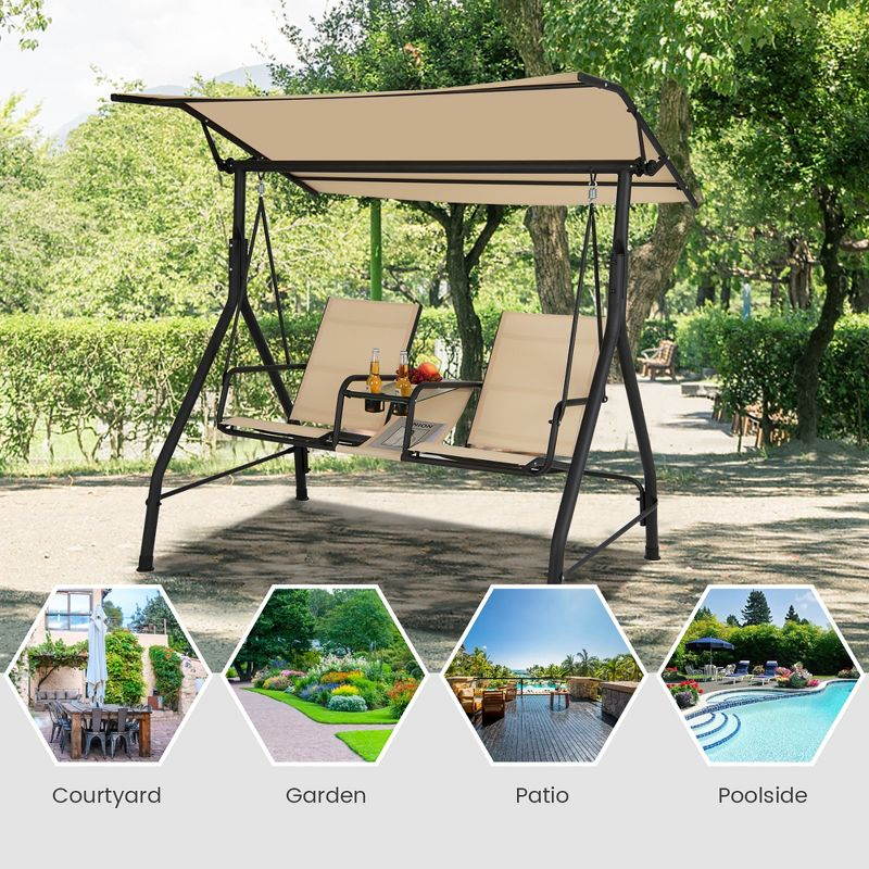 Costway 2-Seat Outdoor Patio Swing Adjustable Canopy Tempered Glass Table Top Cup Holder Beige