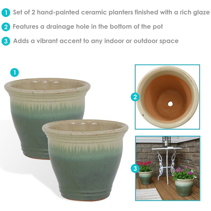 Sunnydaze Studio Outdoor/Indoor High-Fired Glazed UV- and Frost-Resistant Ceramic Planters with Drainage Holes - 11" Diameter - Seafoam - 2-Pack