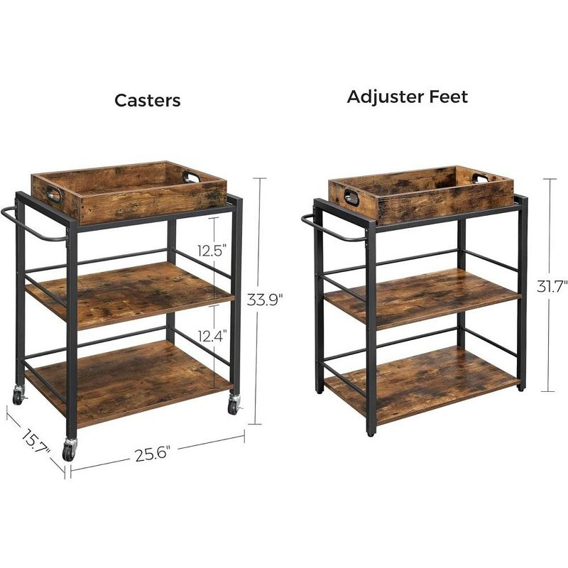 VASAGLE Kitchen Serving Cart with Removable Tray, 3-Tier Kitchen Utility Cart on Wheels with Storage, with Brakes, Rustic Brown and Black