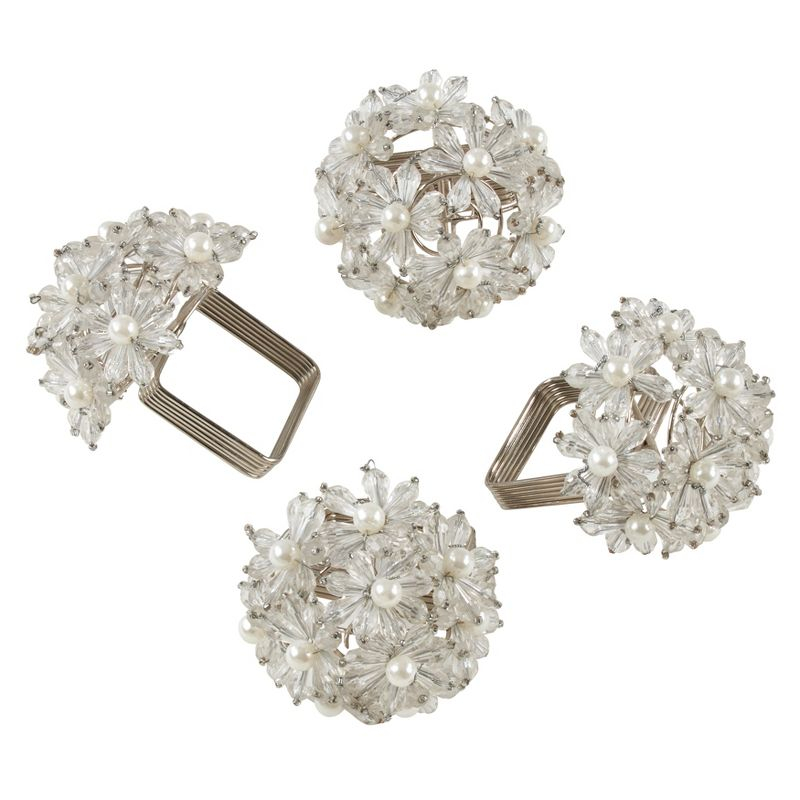 Saro Lifestyle Beaded Floral Design Napkin Rings (Set of 4), Clear