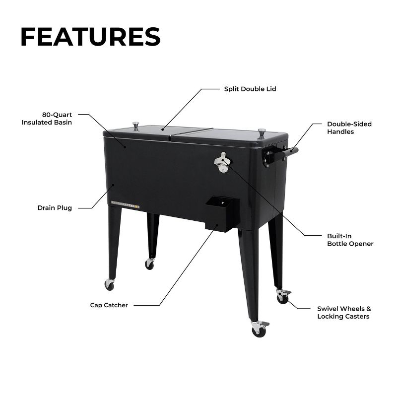 80qt Portable Rolling Patio Cooler - Black - Permasteel: Outdoor Cooler Cart with Stay Up Lid & Bottle Opener