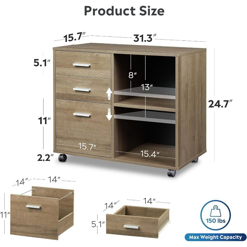 GALAXHERO 3-Drawer Wood Mobile File Cabinet, Lateral Filing Cabinet with Printer Stand and Open Shelves for Home Office, Gray Oak