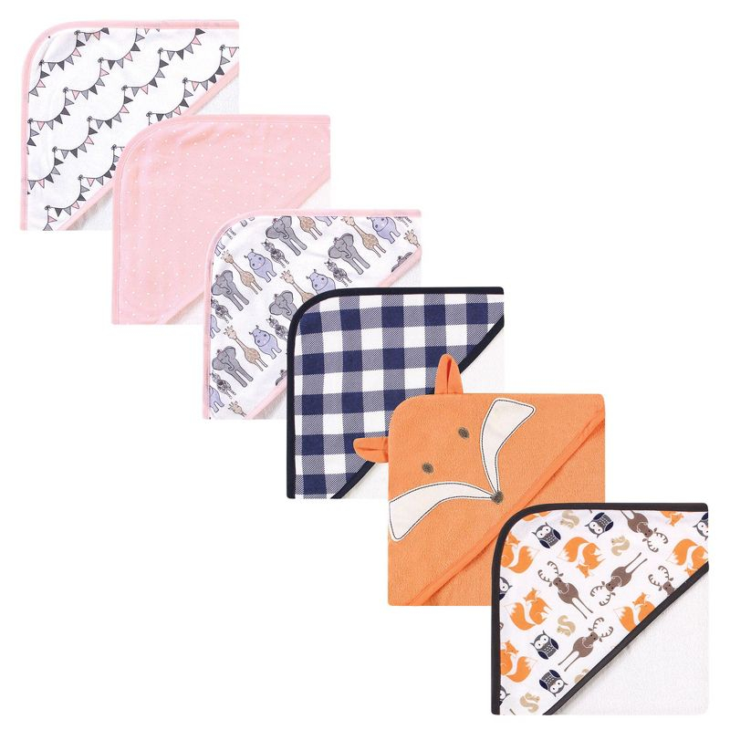 Hudson Baby Infant Girl 6Pc Cotton Rich Hooded Towels Bundle Set, Fox Pink Safari, One Size