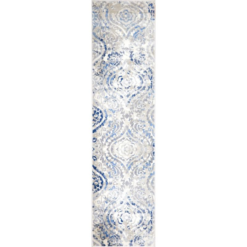 Home Dynamix Melrose Audrey Ogee Damask Runner Area Rug, Ivory/Blue, 1'8"x7'2"