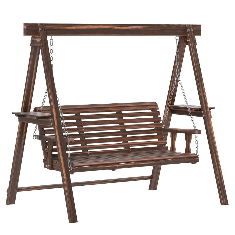 Outsunny 3 Seat Wooden Porch Swing with Stand, Patio Swing Chair with Side Tables, Carbonized Brown