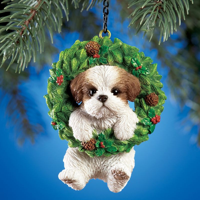 Collections Etc Hand Painted Pet-In-Wreath Hanging Christmas Tree Ornament Brown Shih Tzu