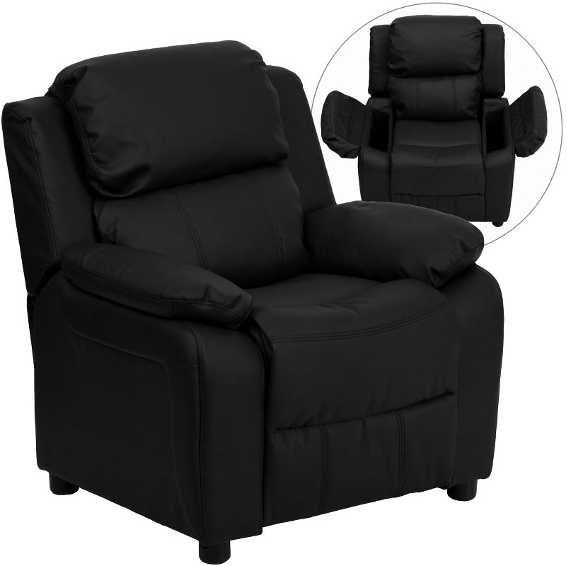 Flash Furniture Charlie Deluxe Padded Contemporary Black LeatherSoft Kids Recliner with Storage Arms