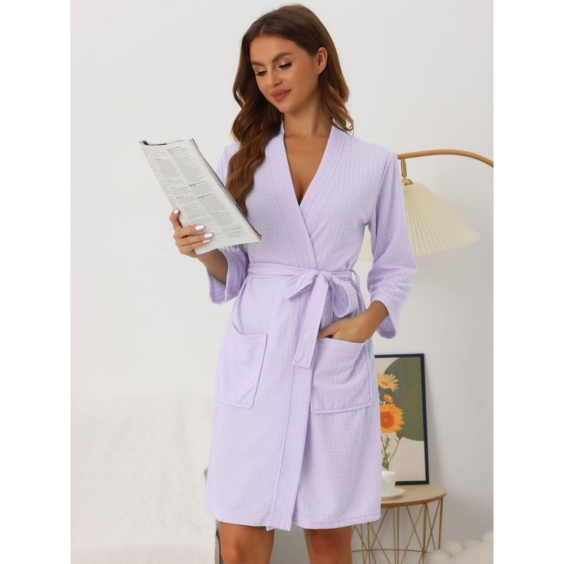 cheibear Women's Mid-Length Two Pockets Soft Spa & Bath Waffle Robes With Belt Purple Small